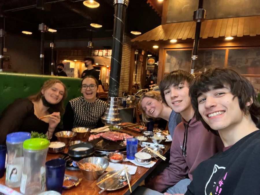 FINE DINING: After the Model UN Summit, Starner and a few friends walked to Korea Town where they enjoyed Korean cuisine. Pictured from left to right is Dawson Becerra, Owen Starner, Elias Kradel, Elena Rasmussen, and Natalie Buss.