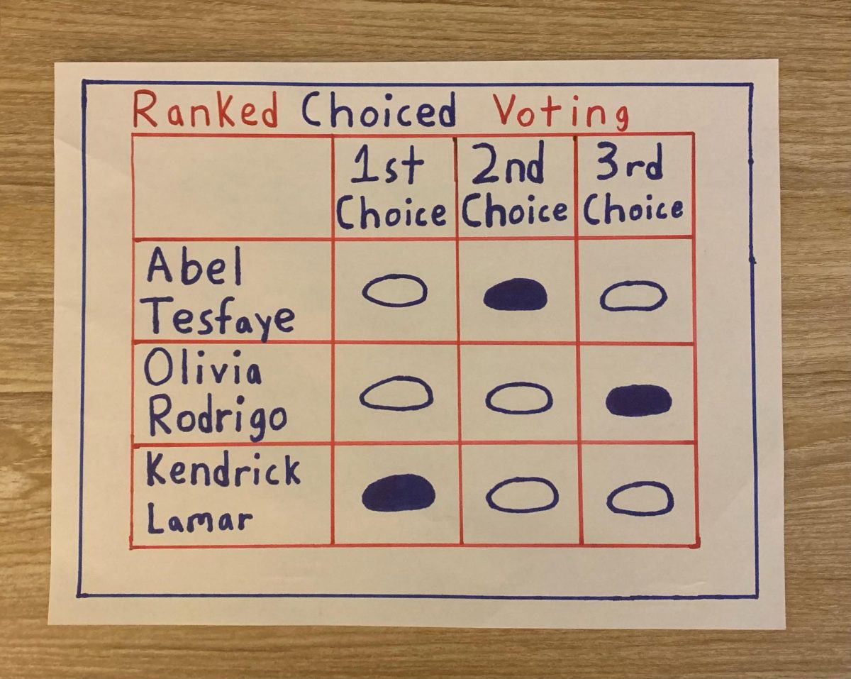 A sample ranked choice voting ballot for a fictitious election. 