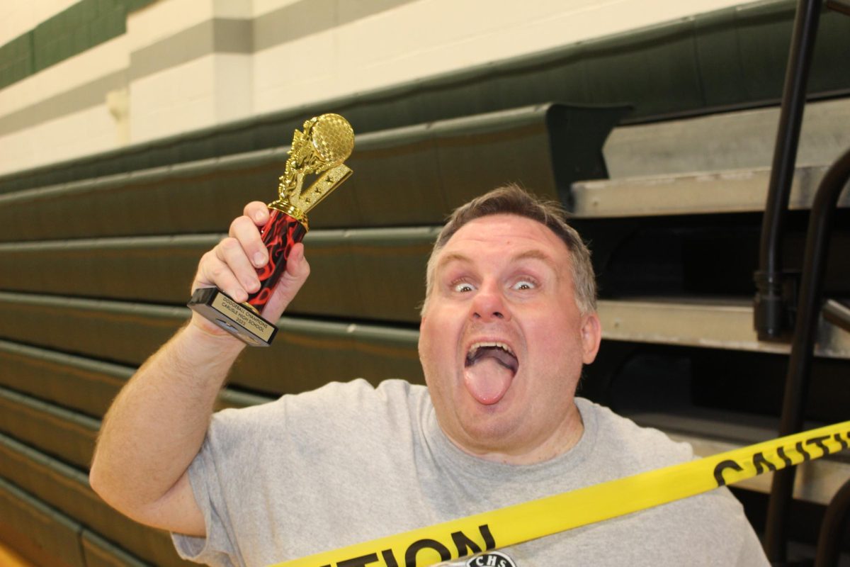 Mr. Fahnestock posing with a trophy.  Flingin' It did not win a trophy.
