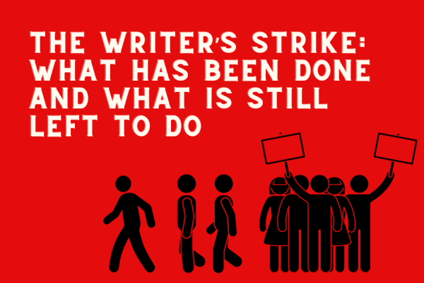 In this graphic, members of WGA are leaving the picket line while others, such as SAG-AFTRA continue picketing, under the article title.