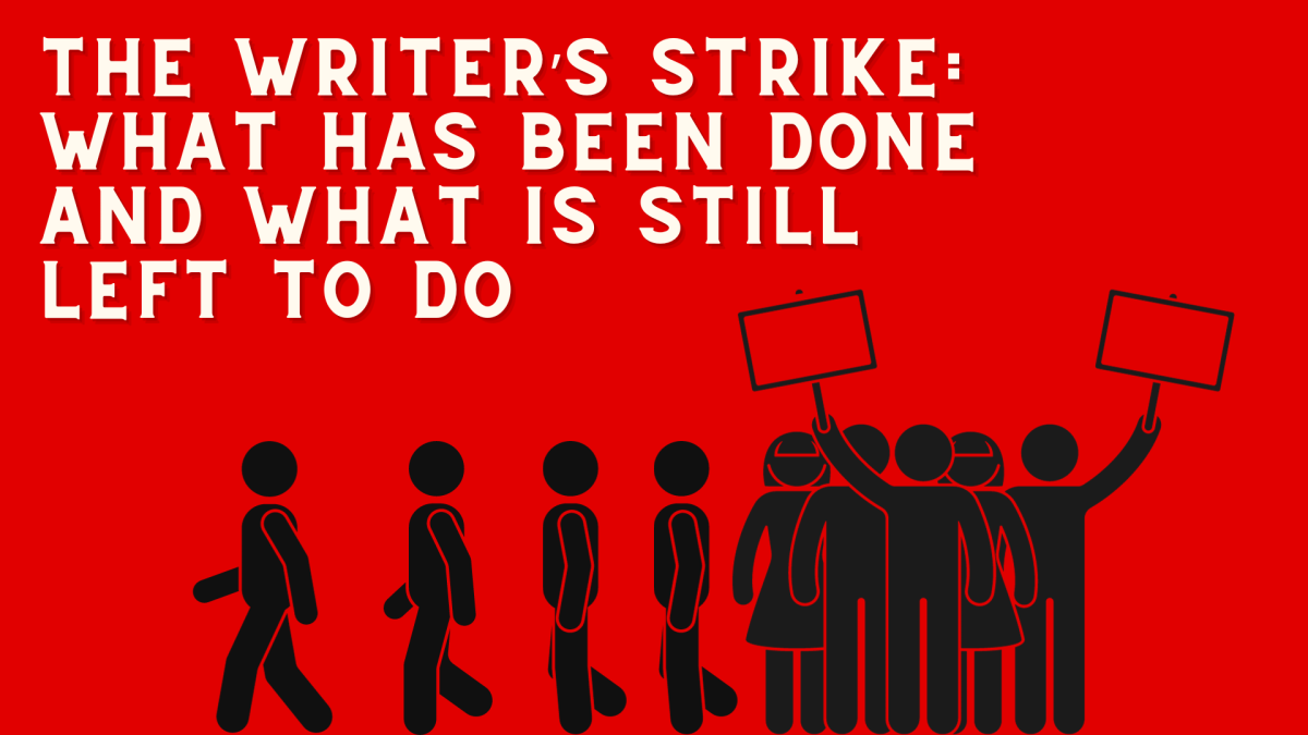 In this graphic, members of WGA are leaving the picket line while others, such as SAG-AFTRA continue picketing, under the article title.