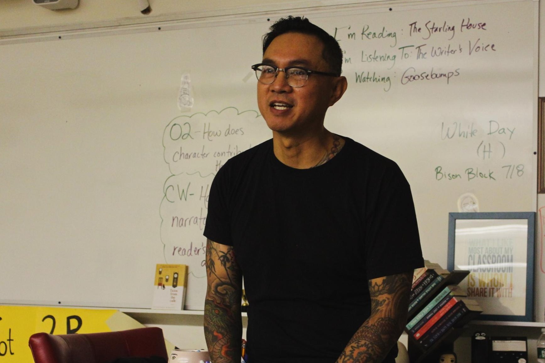 BACK TO THE FUTURE: Phuc Tran stands at the front of Ms. Clayvilles classroom discussing his involvement in Periscope in high school. This was the first time he had been back in the halls of CHS, decades later. 