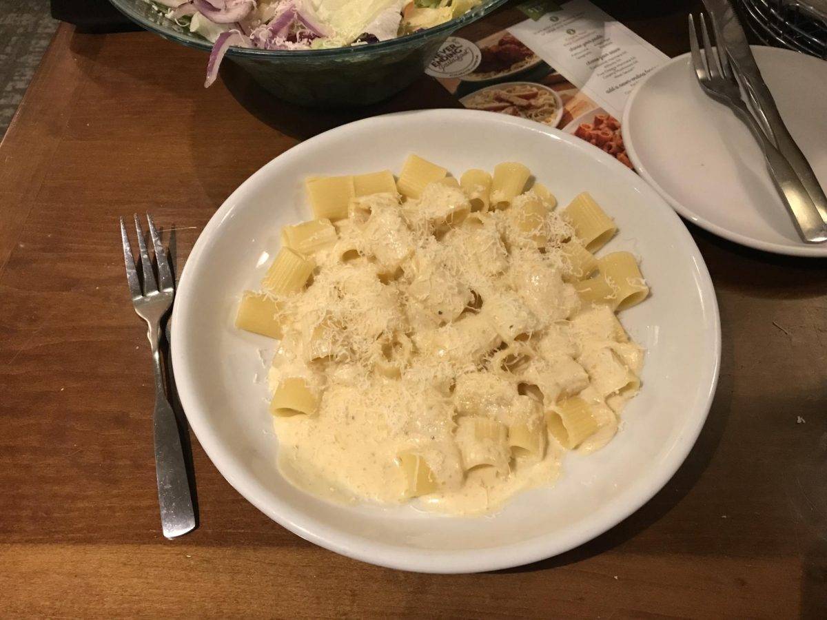 Rigatoni pasta with alfredo sauce is sprinkled with a heaping pile of parmesan cheese. This dish was ordered by Lissy Forrester and she rated it a 10/10.