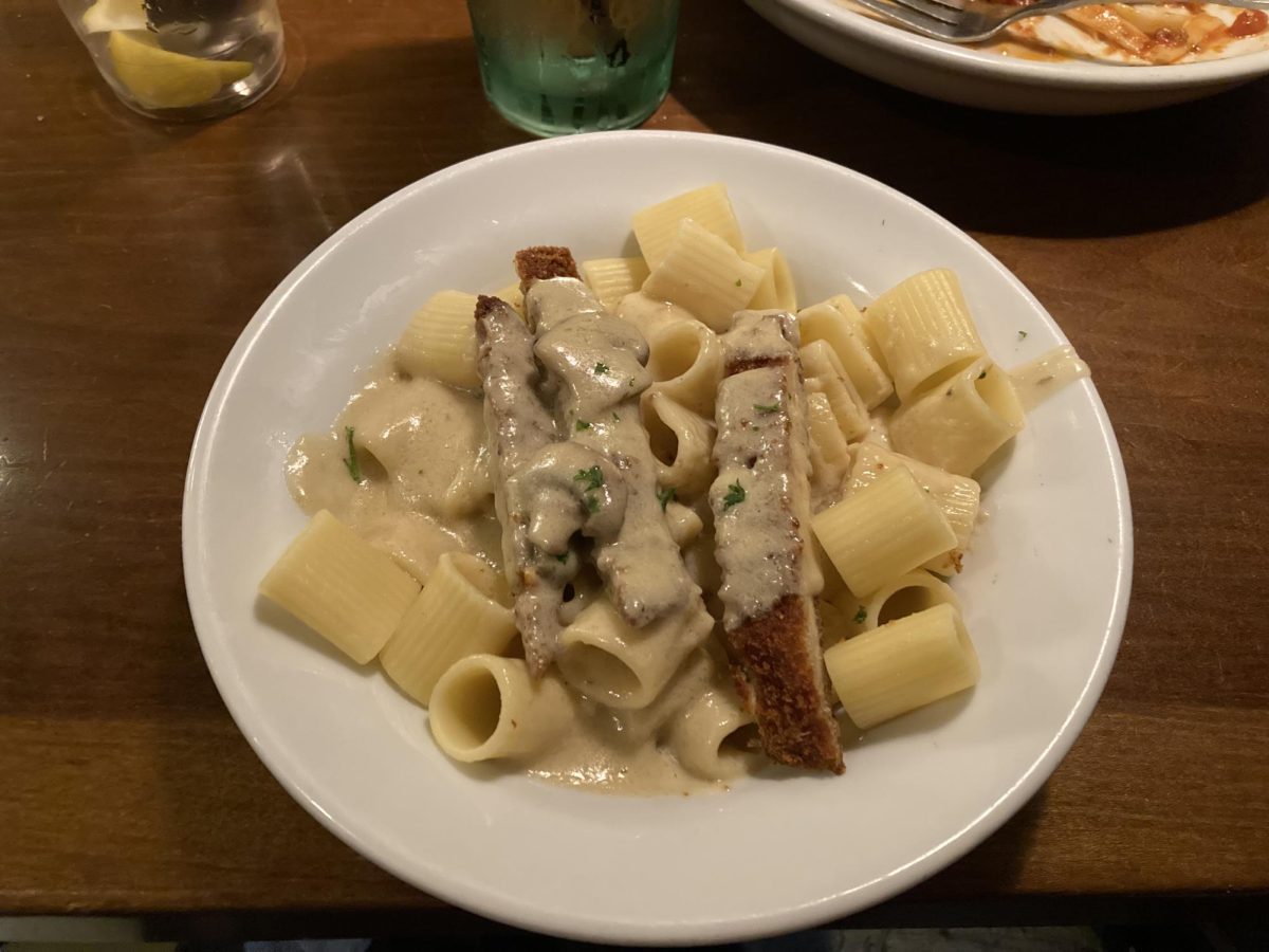 Rigatoni pasta with creamy mushroom sauce and crispy chicken frita was ordered by Hannah Stoner. She rated this dish an 8/10.