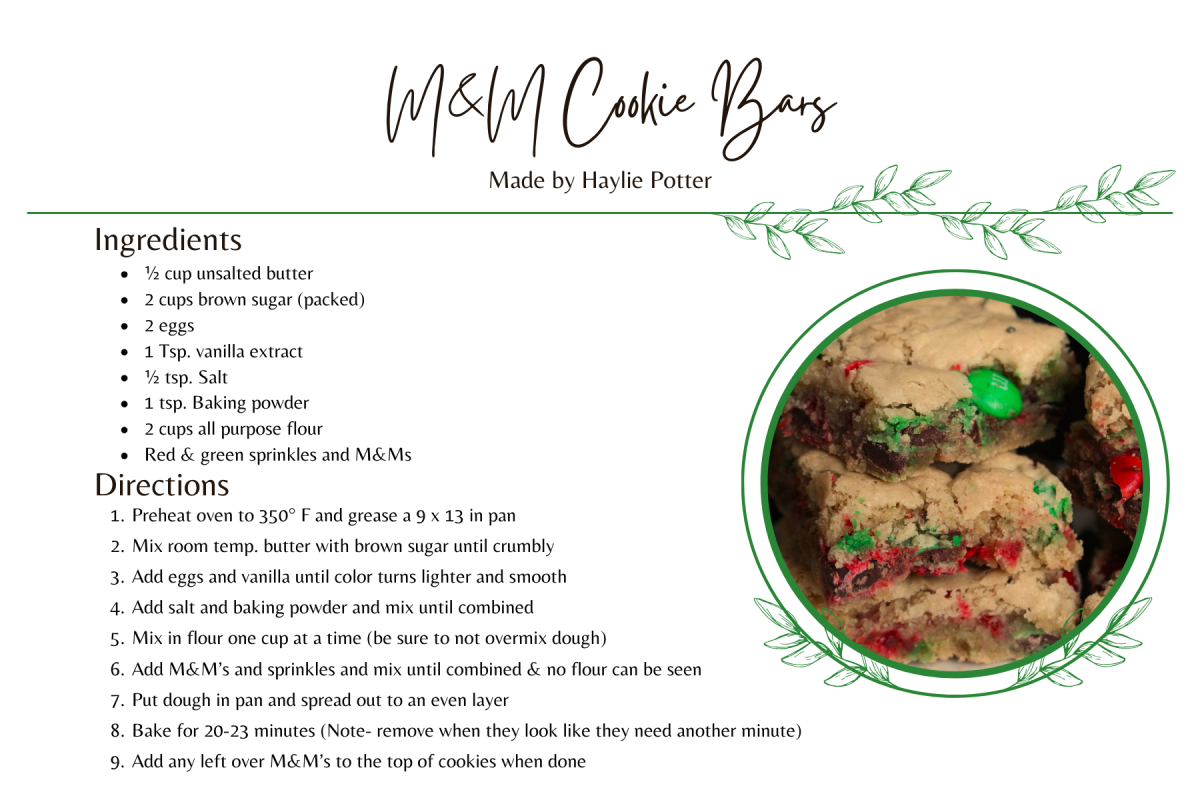 Haylie Potters festive recipe for M&M cookie bars.