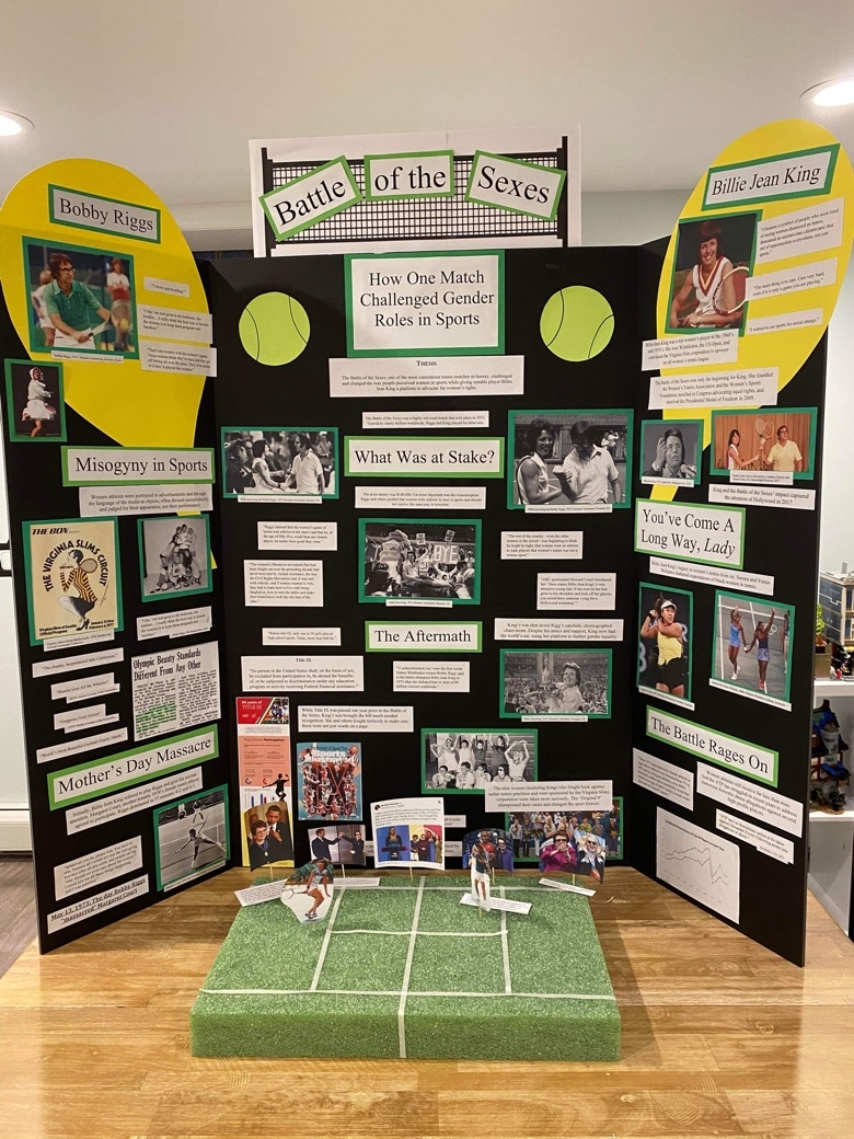 Bailey Clayvilles board, which highlights the theme Turning Point in History by focusing on Billie Jean Kings landmark victory of Bobby Riggs in the match dubbed The Battle of the Sexes. 