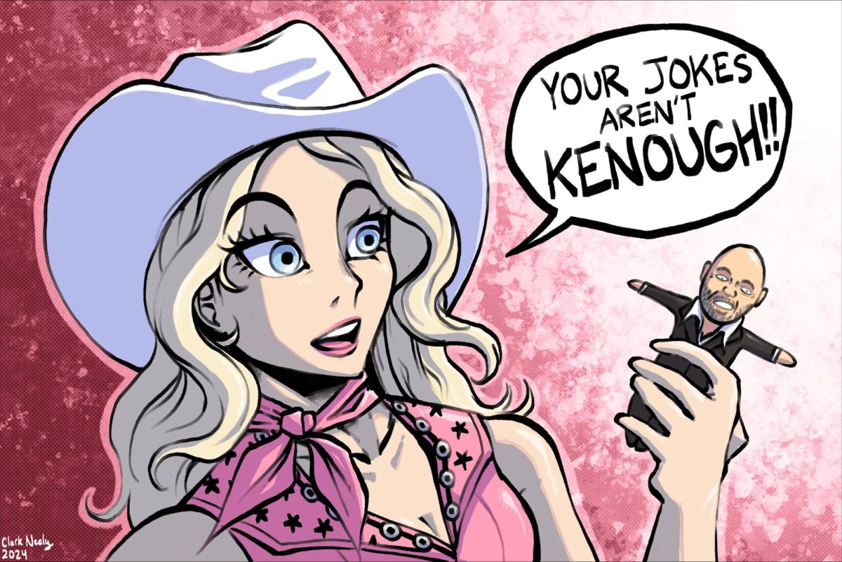 An illustration of Margot Robbie holding Barbie sized Jo Koy as she says Your jokes are not Kenough!