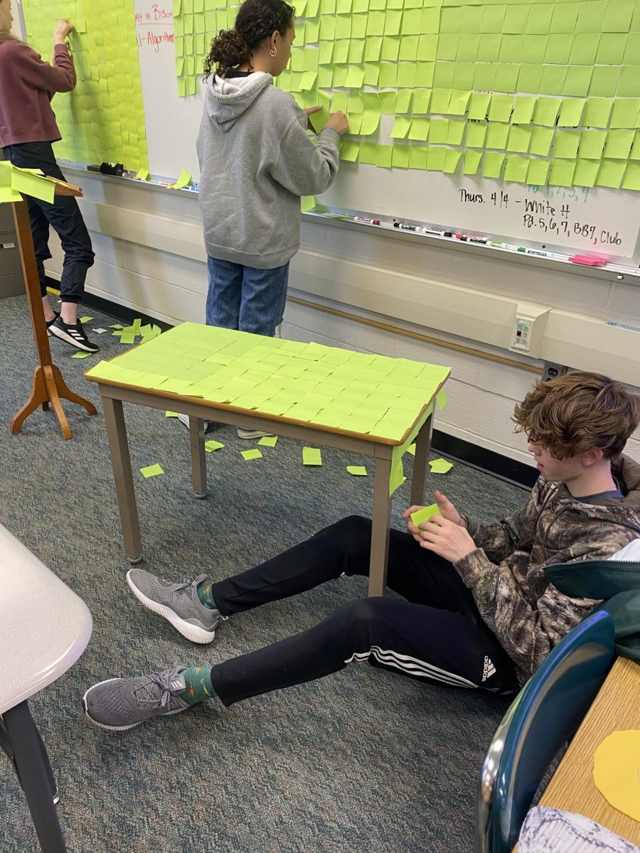 Ben Smith sitcky notes the desk where Mr. Bigelow sets all of his math notes on. 