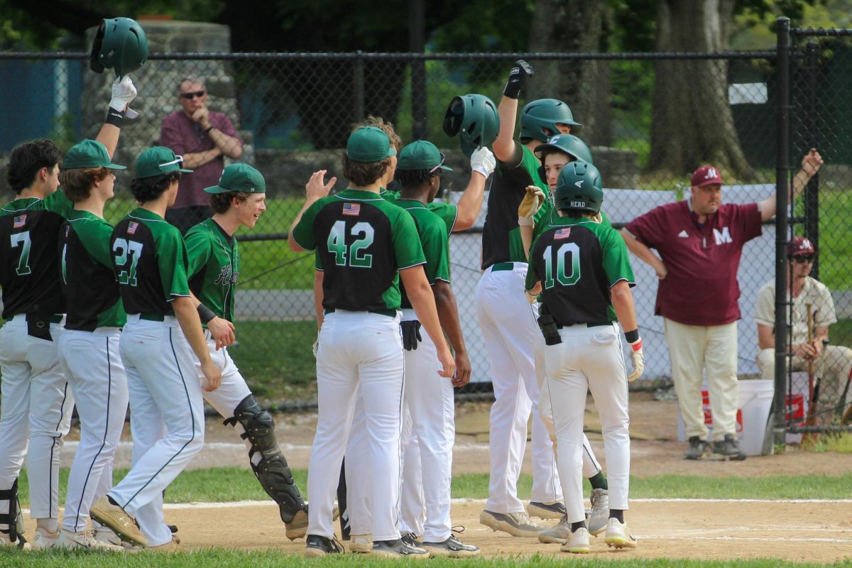HOMERUN: The baseball team gathers around freshman Bradyn Sober after he hits a homerun against Mechanicsburg