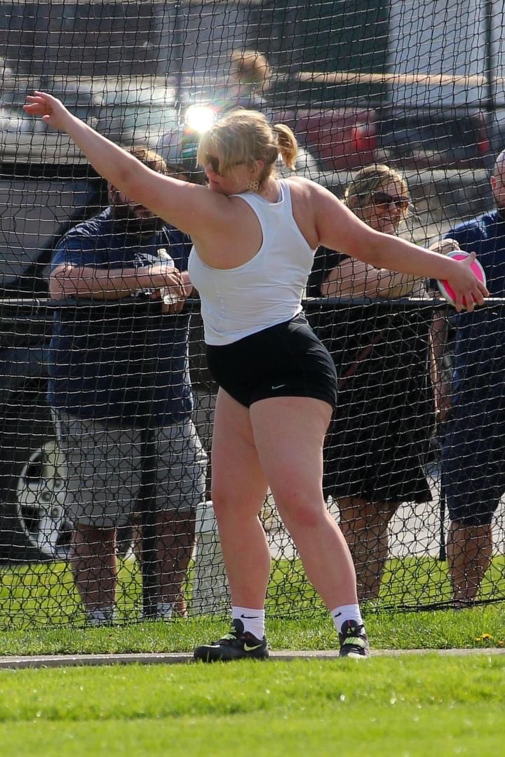 Senior Emily Sheffe aims and throws for the gold.
